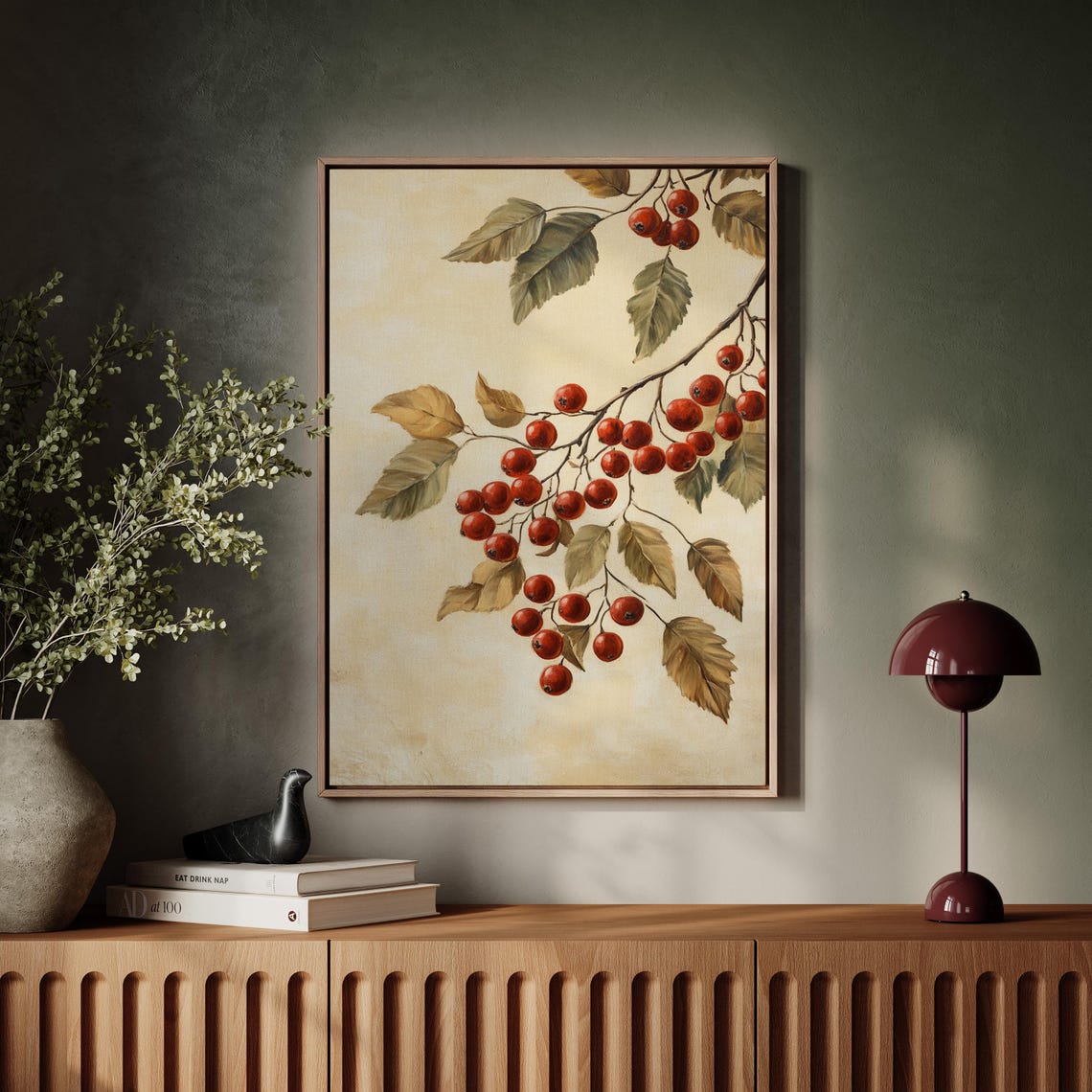 Red Berry Branch Botanical Artwork on Cream Background Poster - Image 5
