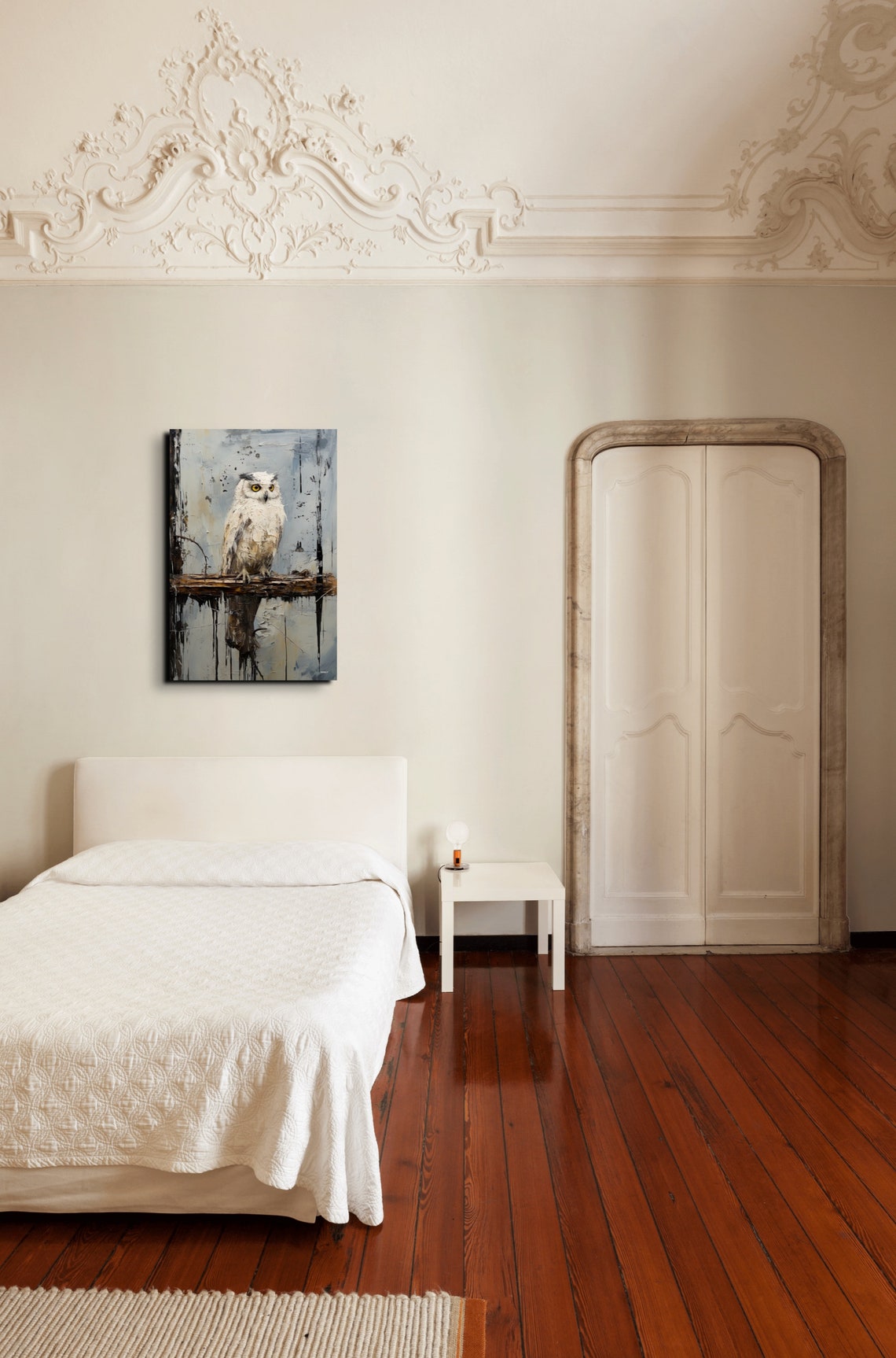 White Owl Perched On Branch Textured Oil Painting Style Poster - Image 6