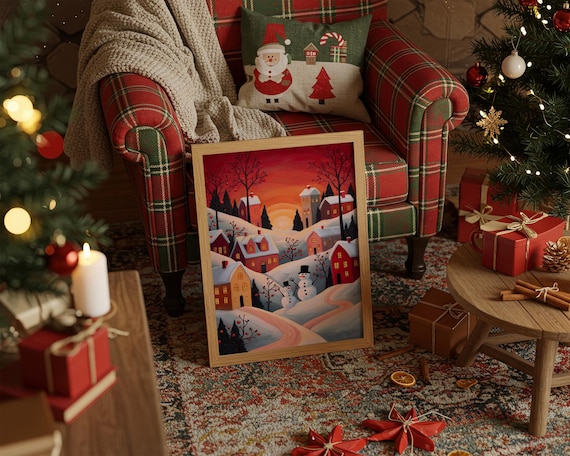 Snowy Village Winter Sunset With Snowman Cozy Holiday Poster