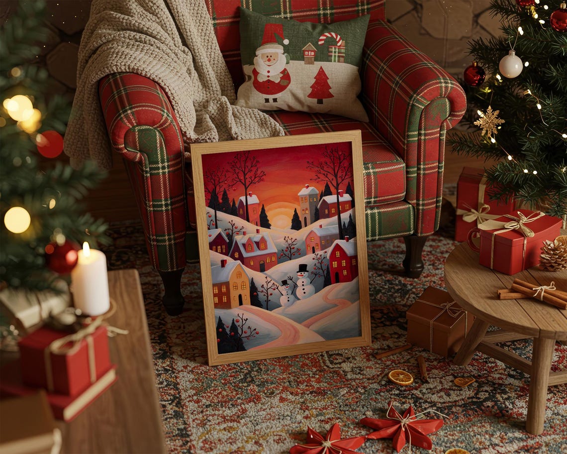 Snowy Village Winter Sunset With Snowman Cozy Holiday Poster
