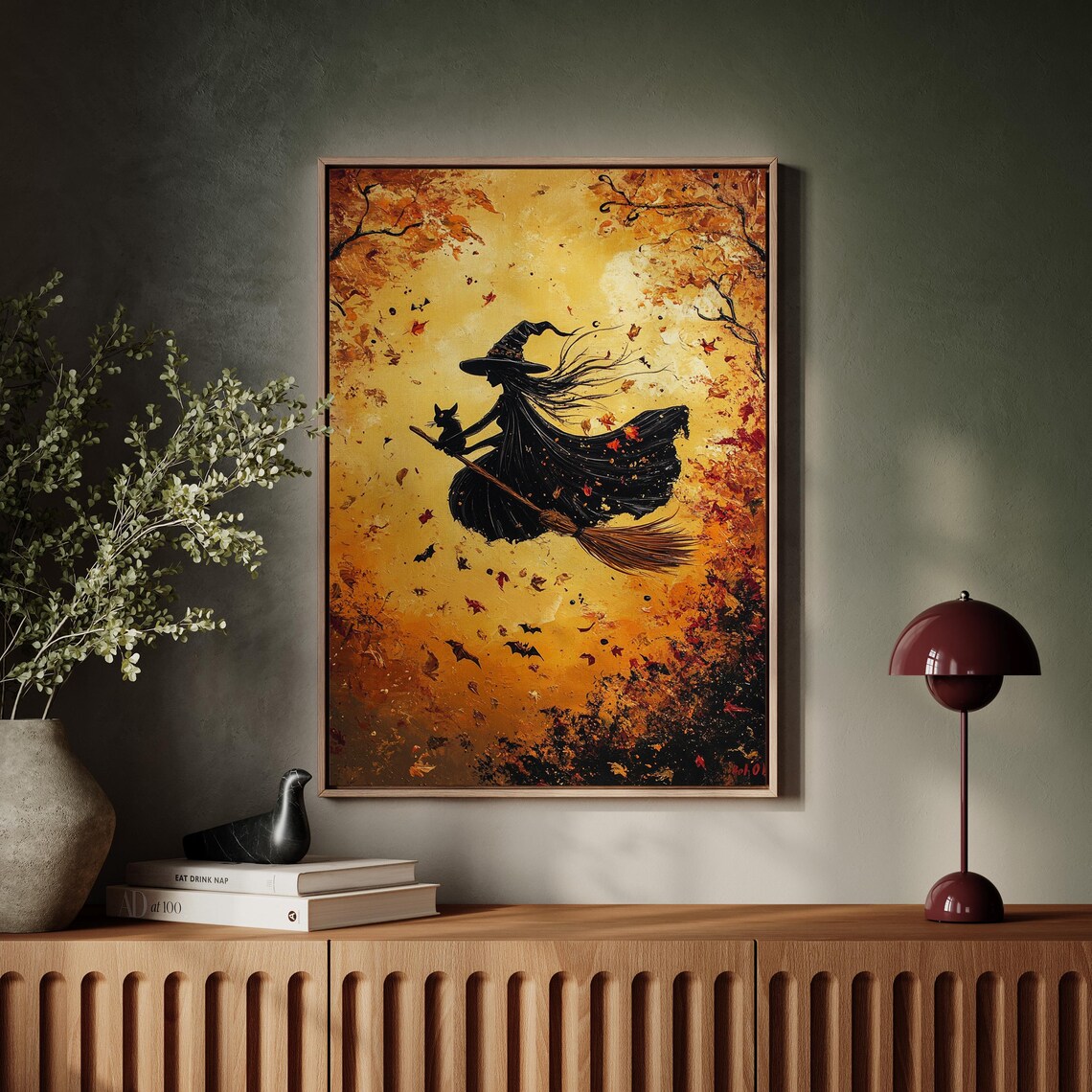 Witch Silhouette Broomstick Black Cat Autumn Gold Bats Halloween Poster - Image 4