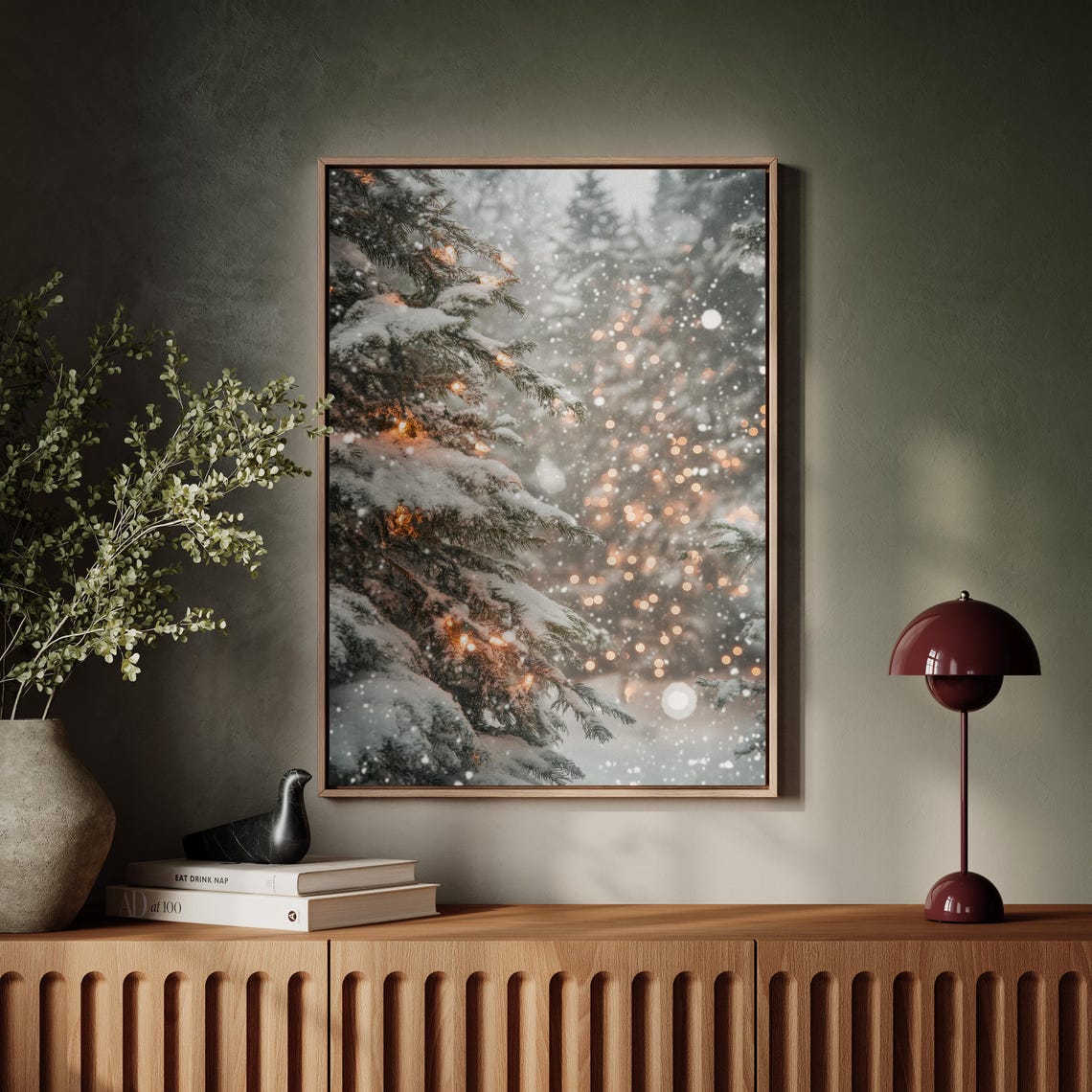 Snow Covered Pine Branches With Warm String Lights At Dusk Poster