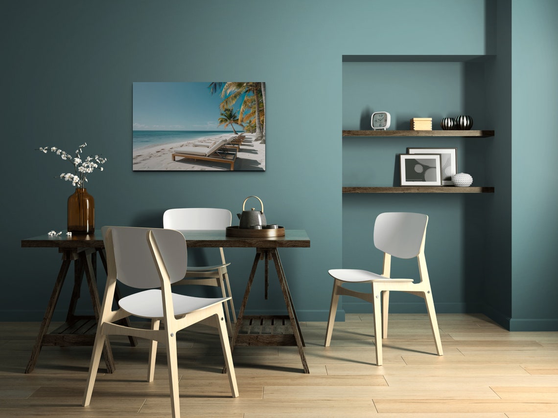 Tropical Beach Palm Trees Lounge Chairs Sunny Shore Wall Art - Image 5