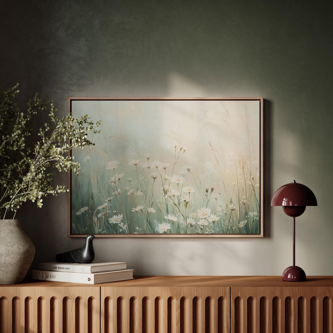White Daisy Meadow Soft Pastel Misty Wildflower Field Wall Art - Image 4