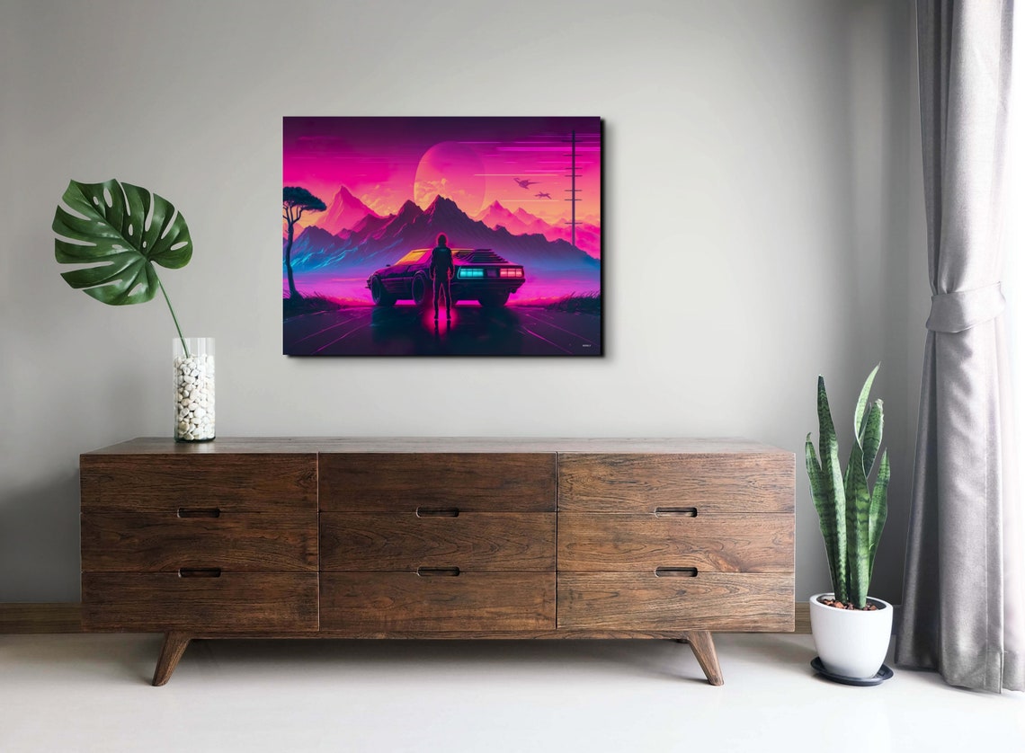Retro Synthwave Sunset Drive Neon Mountains Giant Moon Poster - Image 5