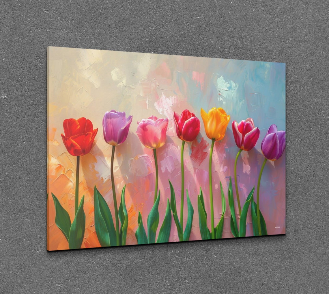 Seven Rainbow Tulips Row Pastel Background Floral Art Poster - Image 7