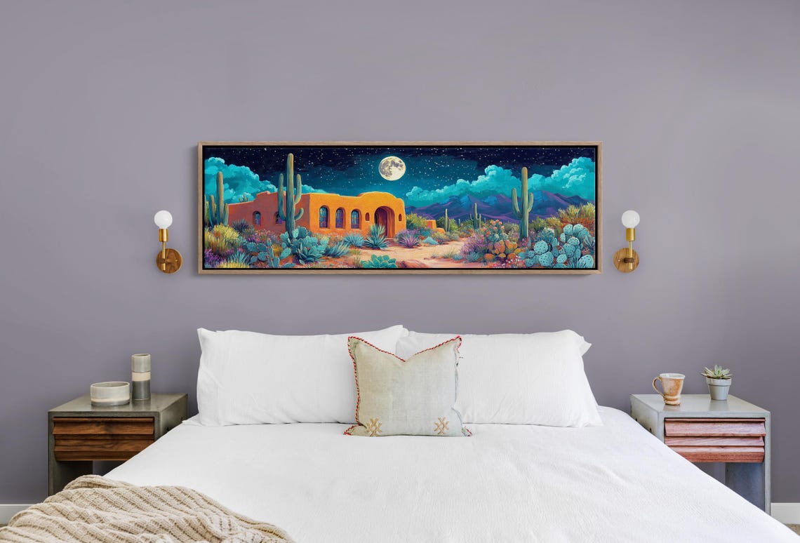 Colorful Desert Night Adobe House Full Moon Saguaro Cacti Art Poster - Image 4