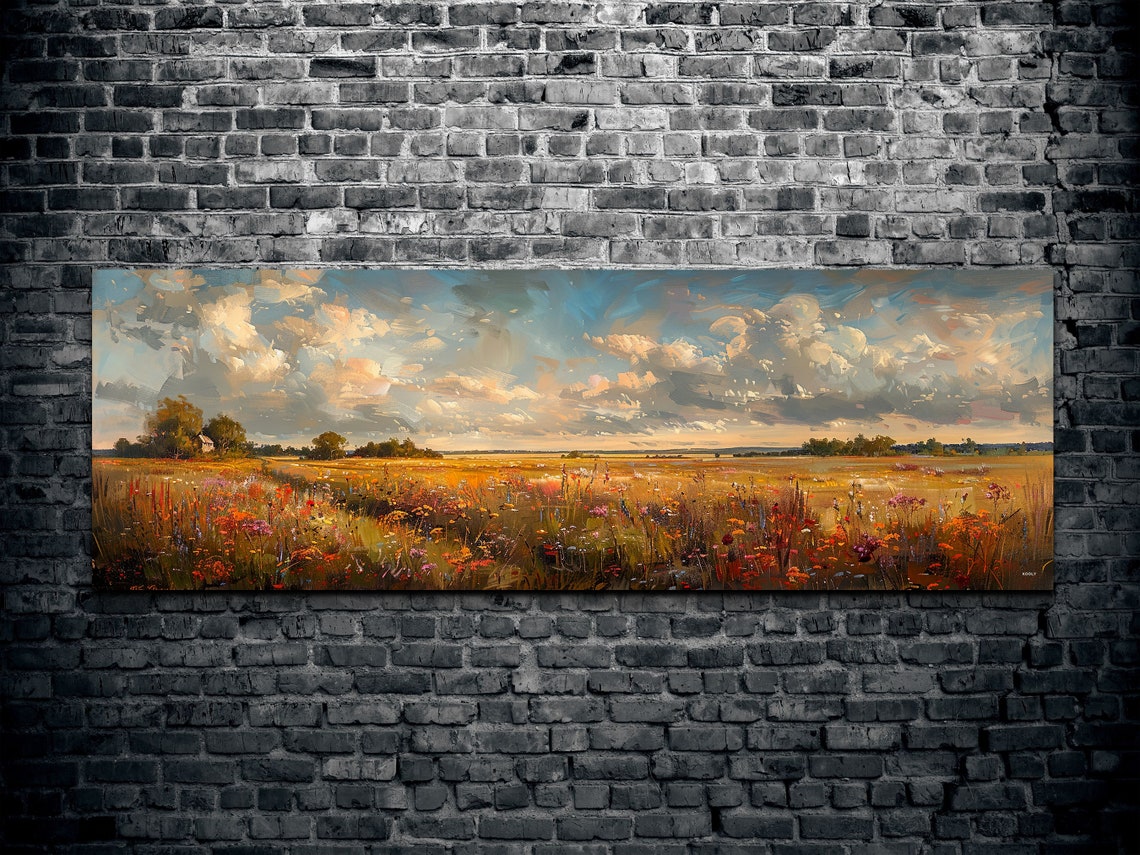 Golden Autumn Wildflower Meadow Under Blue Sky Vintage Art Poster - Image 2