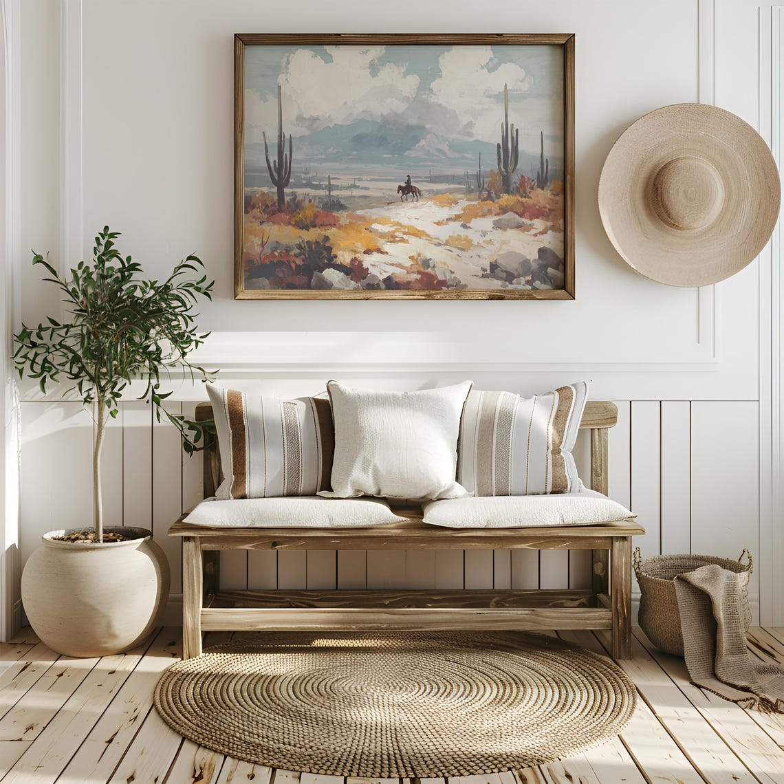 Cowboy Riding Through Saguaro Cactus Desert Western Art Poster