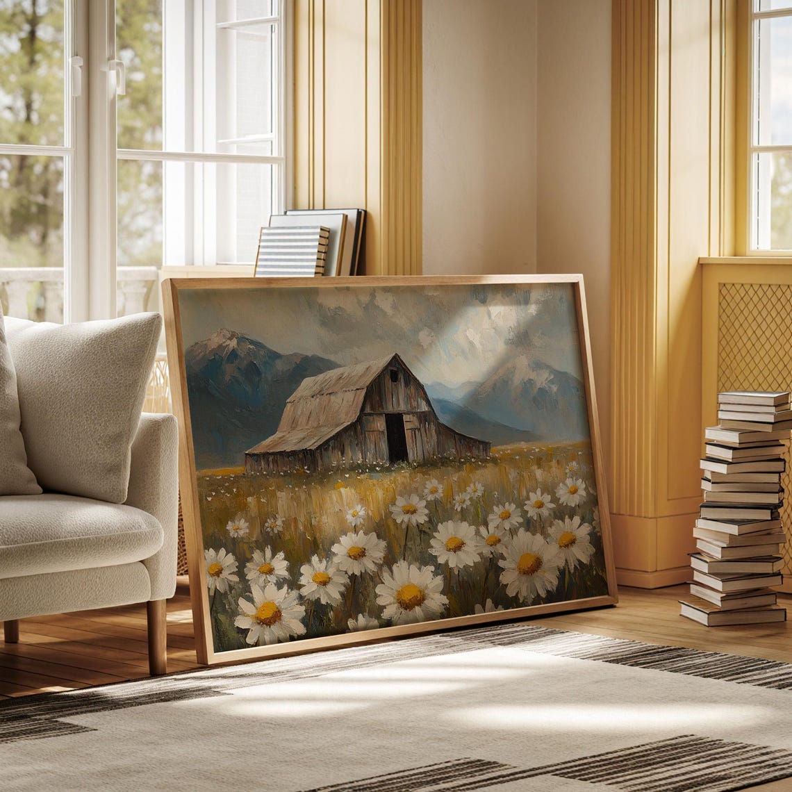 Rustic Old Barn In Daisy Field With Distant Mountains Wall Art