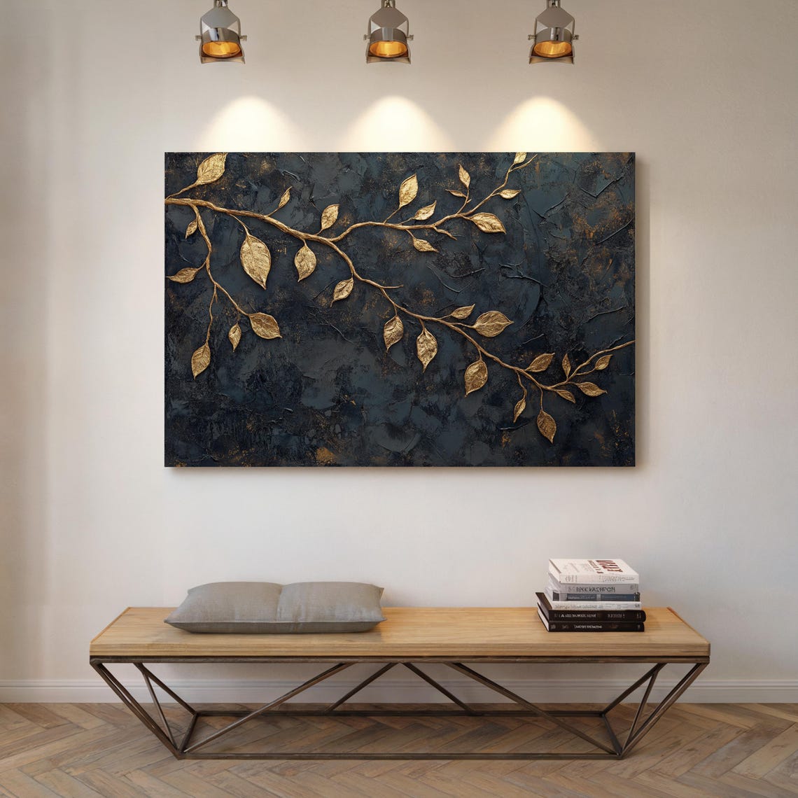 Luxury Gold Leaf Botanical Branch Black Modern Metallic Wall Art - Image 4