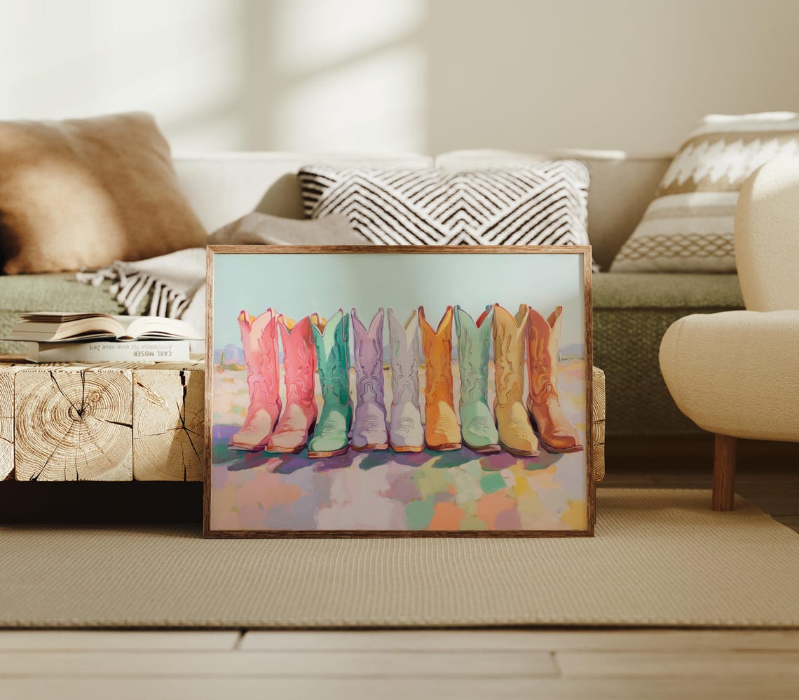 Row Of Colorful Cowboy Boots In Pastel Western Pop Art Poster