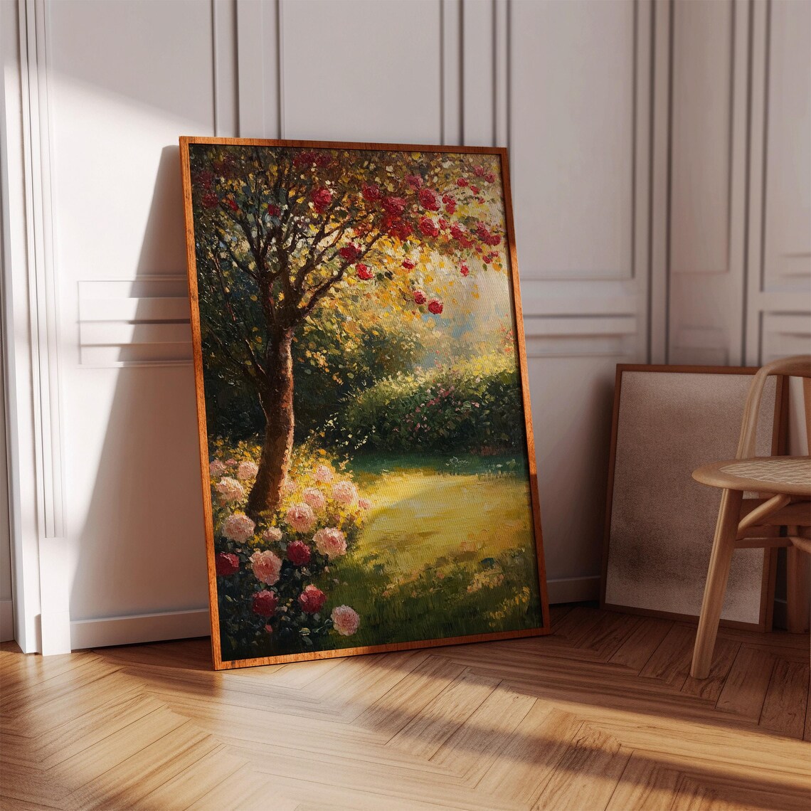 Romantic Garden Rose Tree, Vintage Oil Painting