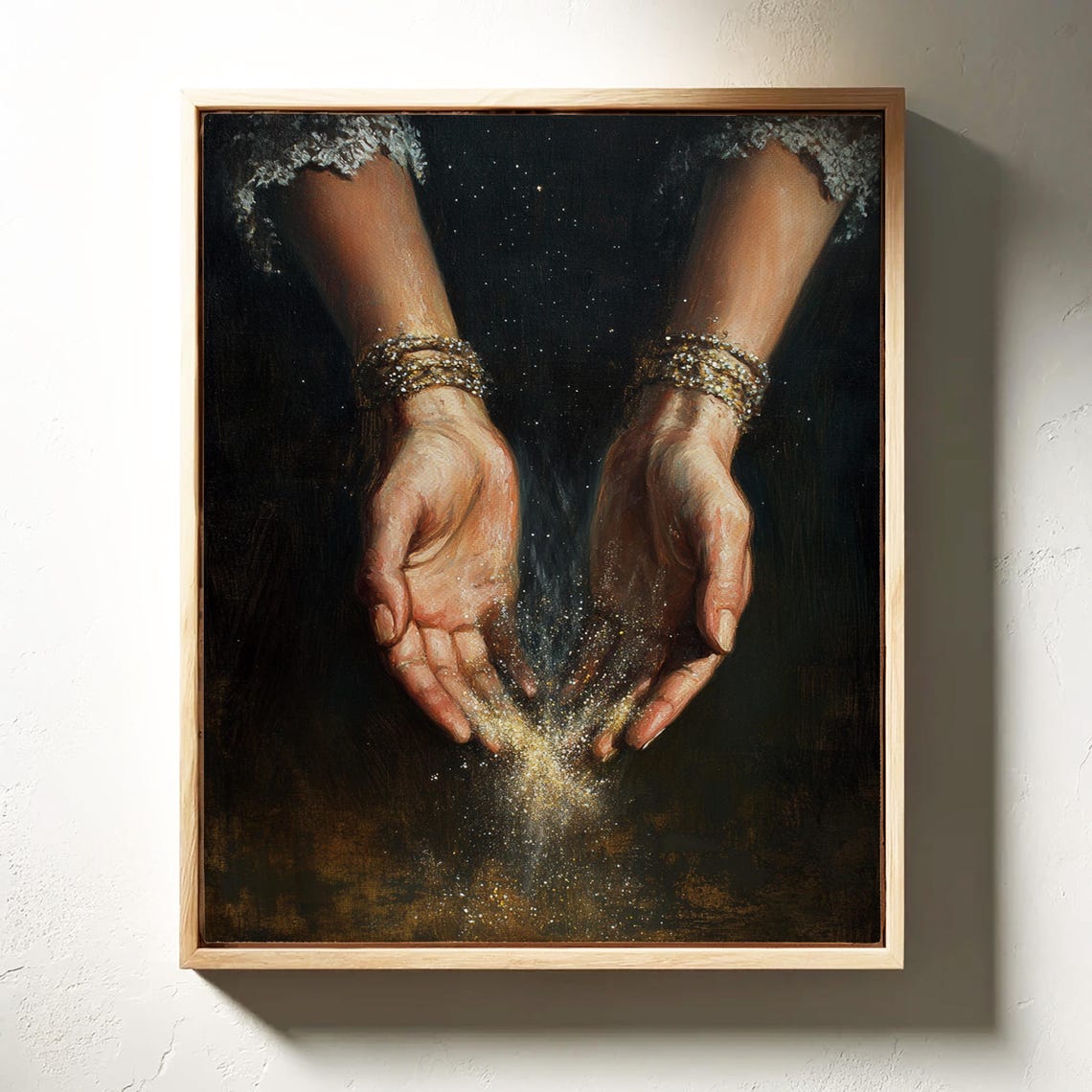 Cupped Hands Releasing Golden Stardust Dark Magical Sparkle Wall Art - Image 4