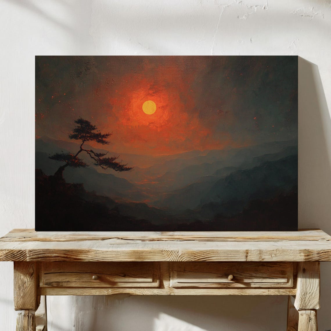 Red Moon Over Misty Mountains Lone Tree Silhouette Art Poster