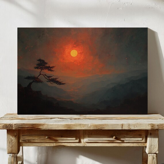 Red Moon Over Misty Mountains Lone Tree Silhouette Art Poster
