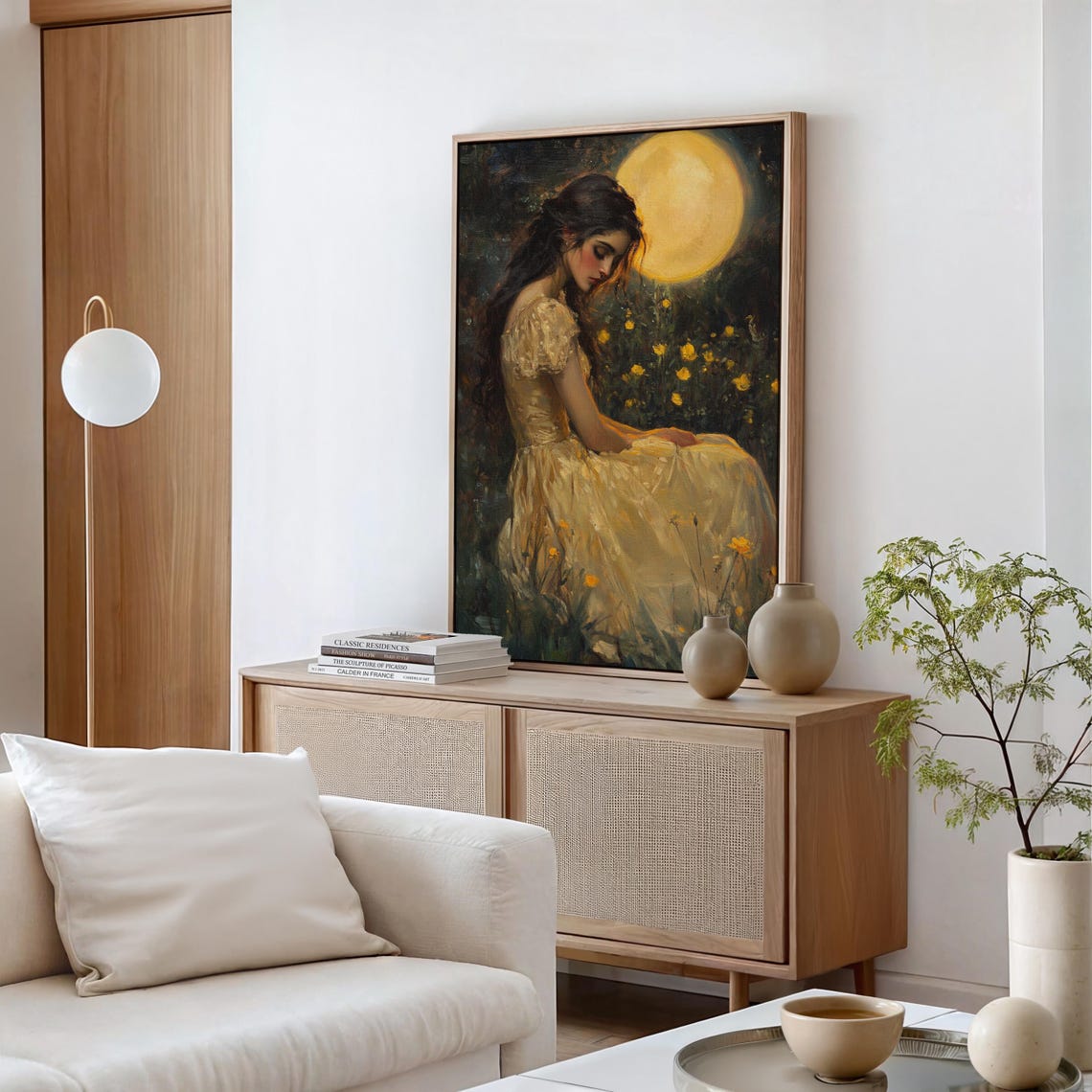 Elegant Woman Cream Gown Moonlit Meadow Yellow Flowers Poster - Image 5