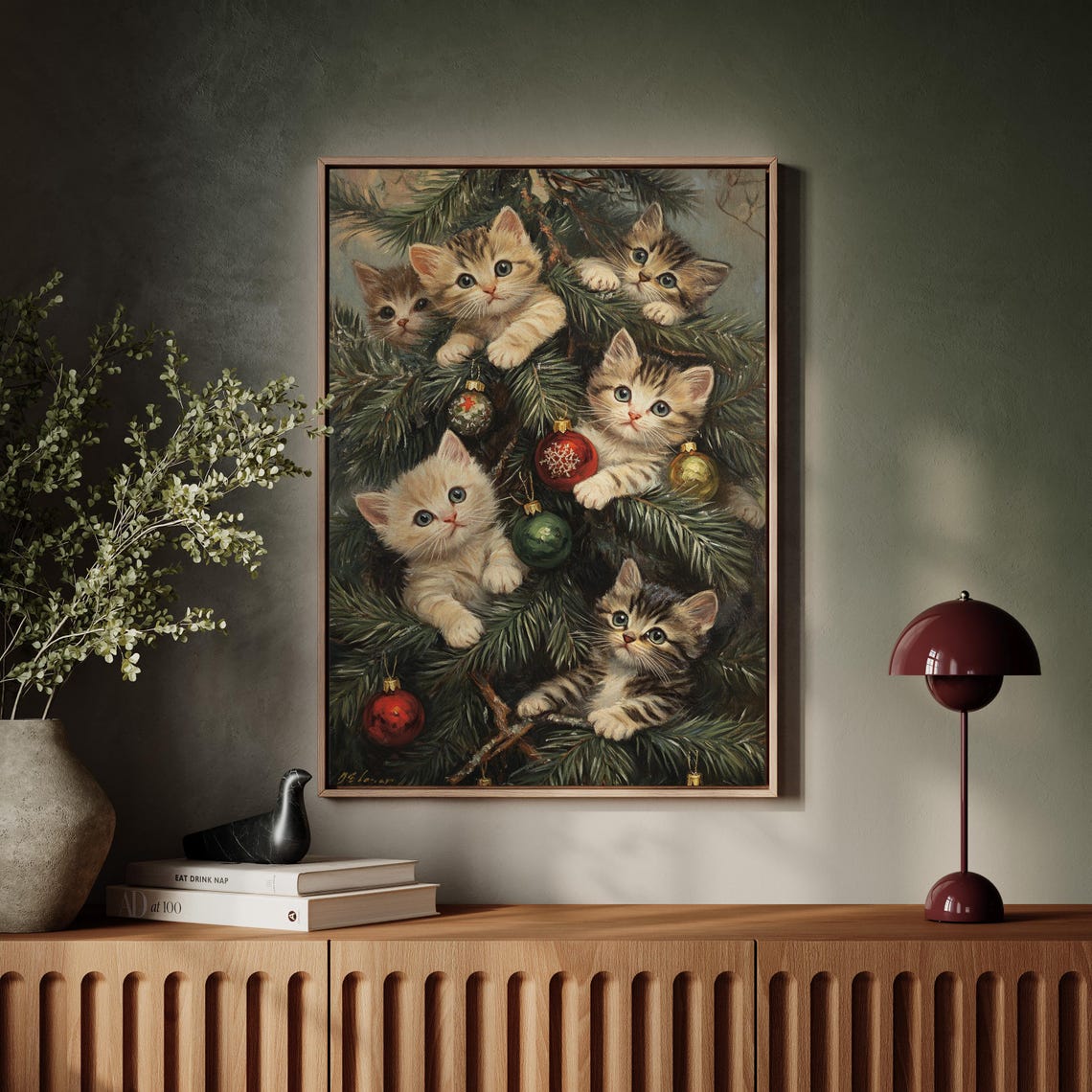 Adorable Kittens Hiding Christmas Tree Branches Festive Poster