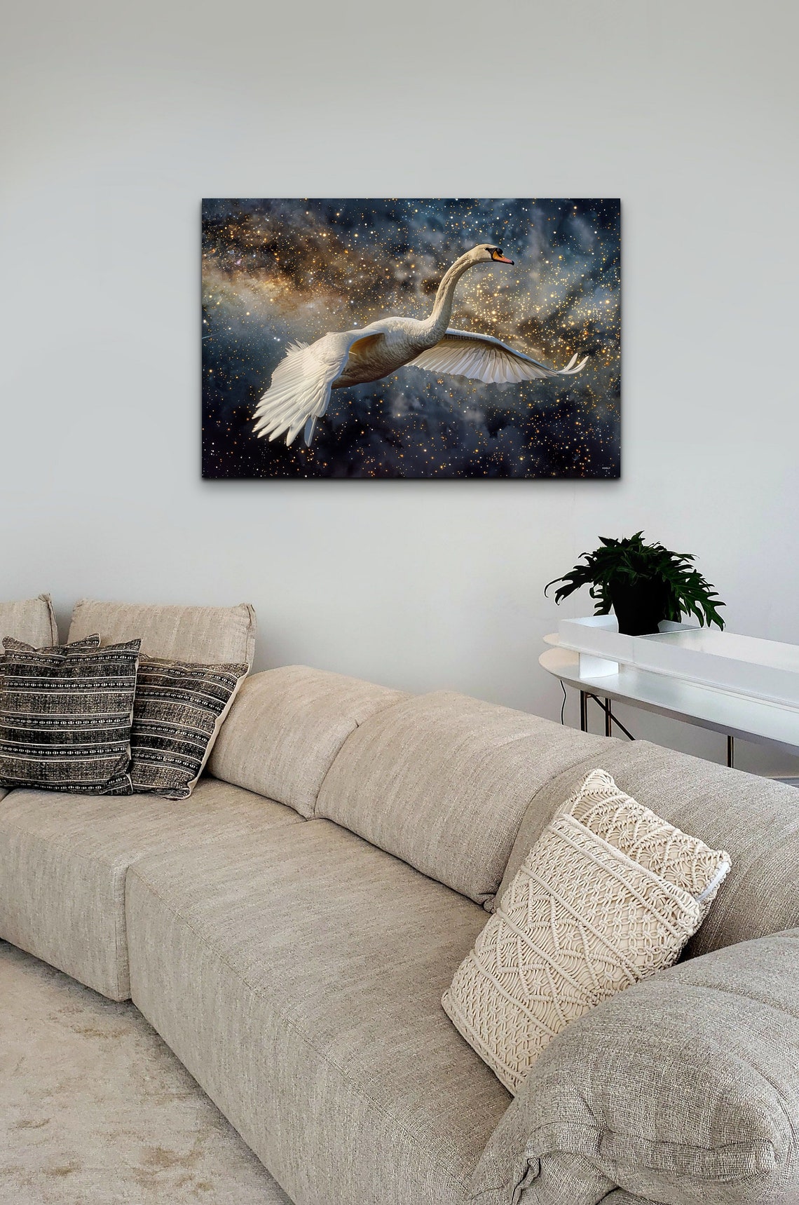 White Swan Flying Starry Night Sky Golden Stars Wildlife Wall Art - Image 5