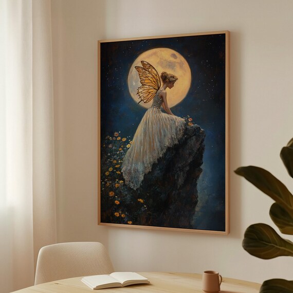 Fairy With Golden Wings On Moonlit Cliff Full Moon Fantasy Night Wall Poster