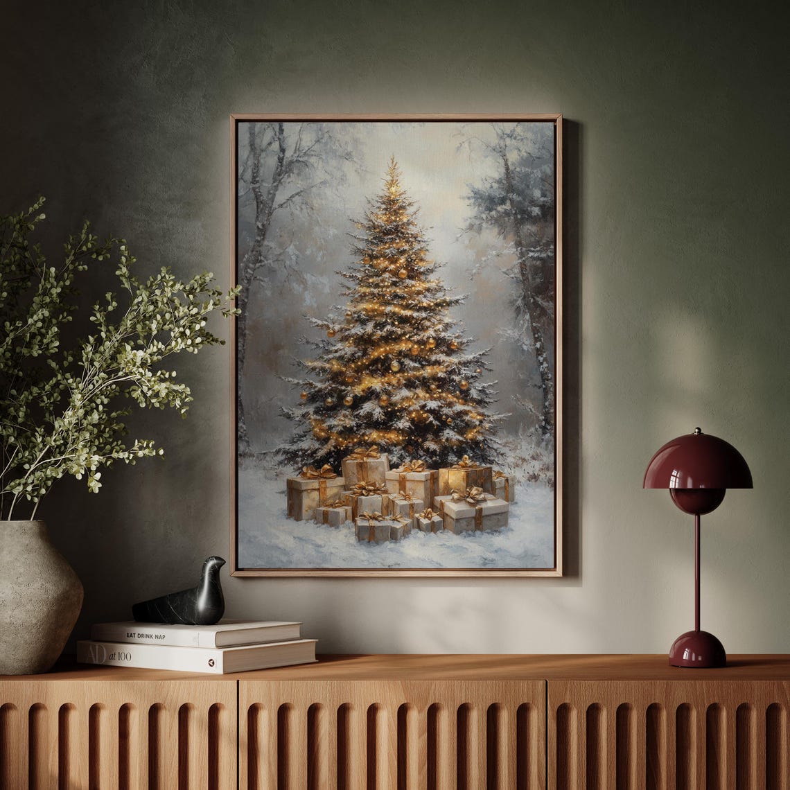 Golden Lit Christmas Tree with Gifts in a Winter Snow Poster