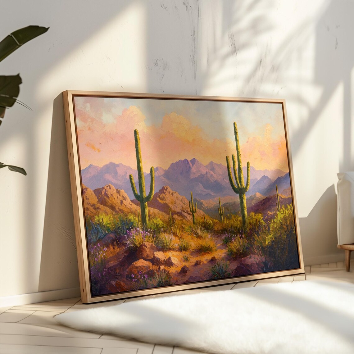 Desert Sunset Saguaro Cactus Mountain Vintage Oil Painting Poster - Image 2