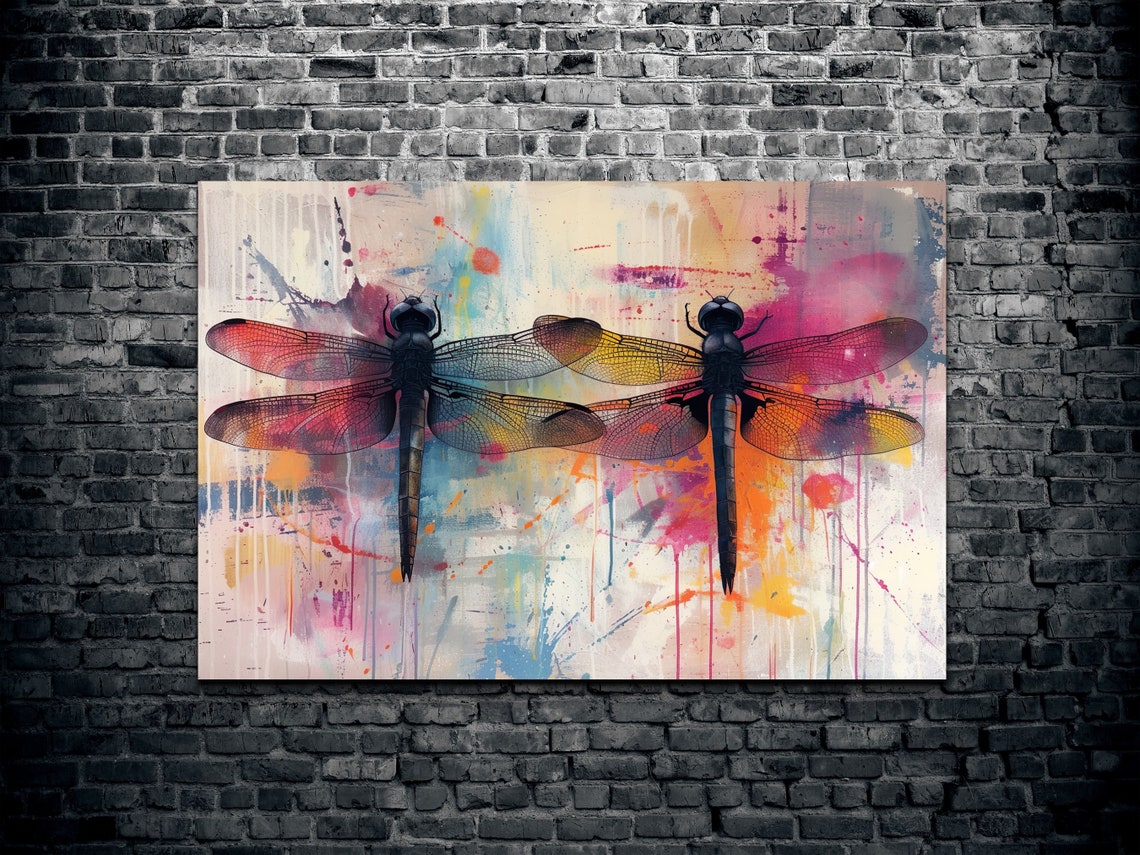 Pair of Colorful Dragonflies Rainbow Wings Pastel Nature Poster - Image 2