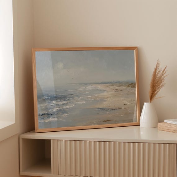 Minimalist Coastal Canvas Wall Art Serene Seascape Painting With Ocean Waves Sandy Beach Neutral Modern Home Dcor