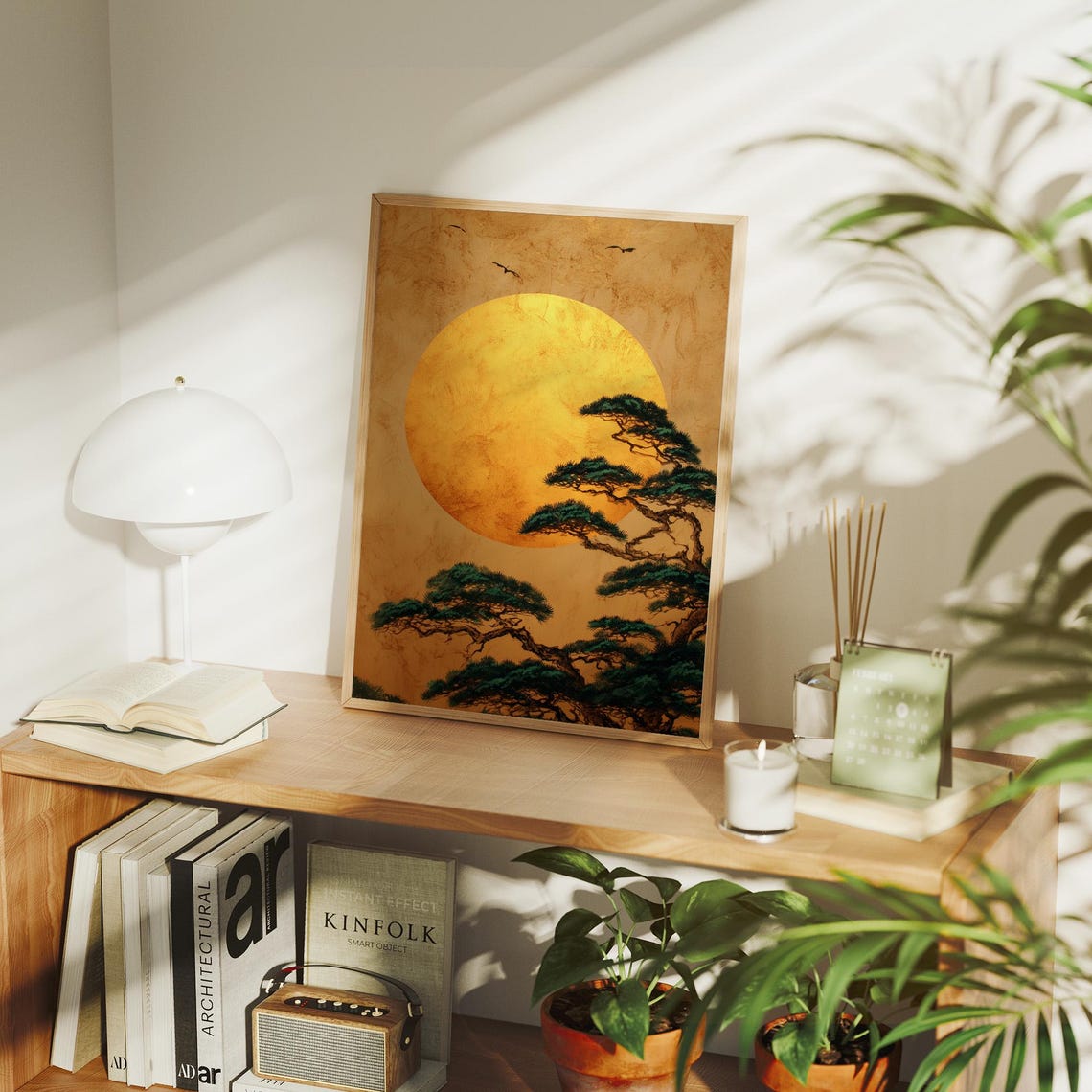 Golden Sun Over Japanese Pine Trees Traditional Style Wall Poster