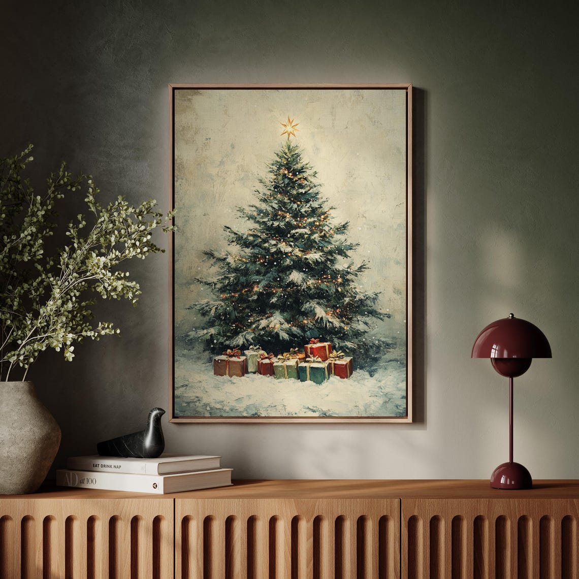 Vintage Snowy Christmas Tree Wrapped Gifts Festive Holiday Poster