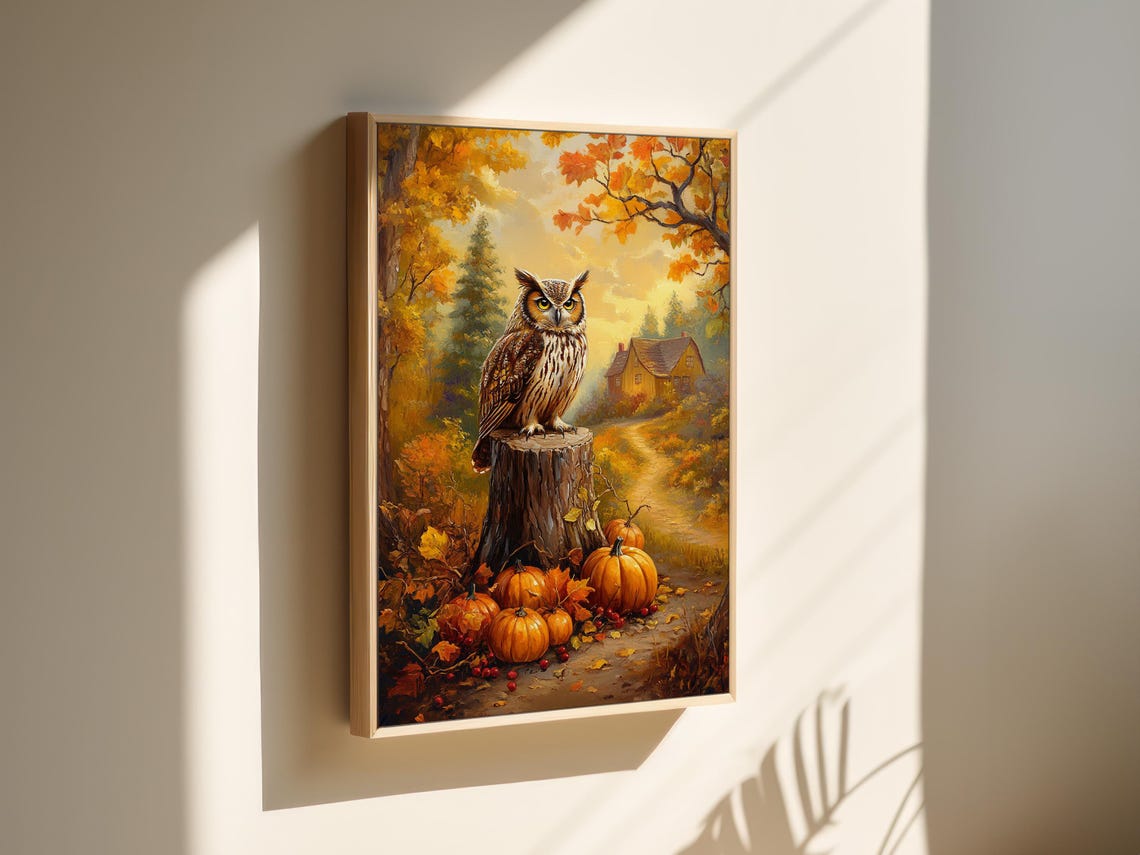 Autumn Owl on a Tree Stump Fall Pumpkin Forest Cabin Scenic Poster - Image 5