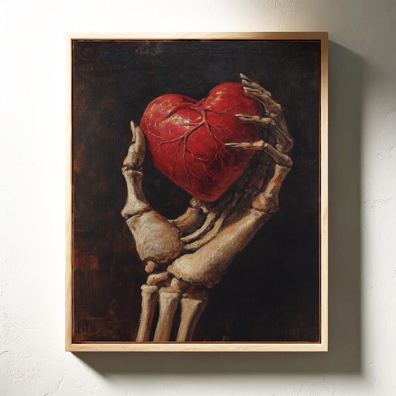 Skeleton Hand Holding Red Heart Dark Gothic Anatomy Oil Painting Poster