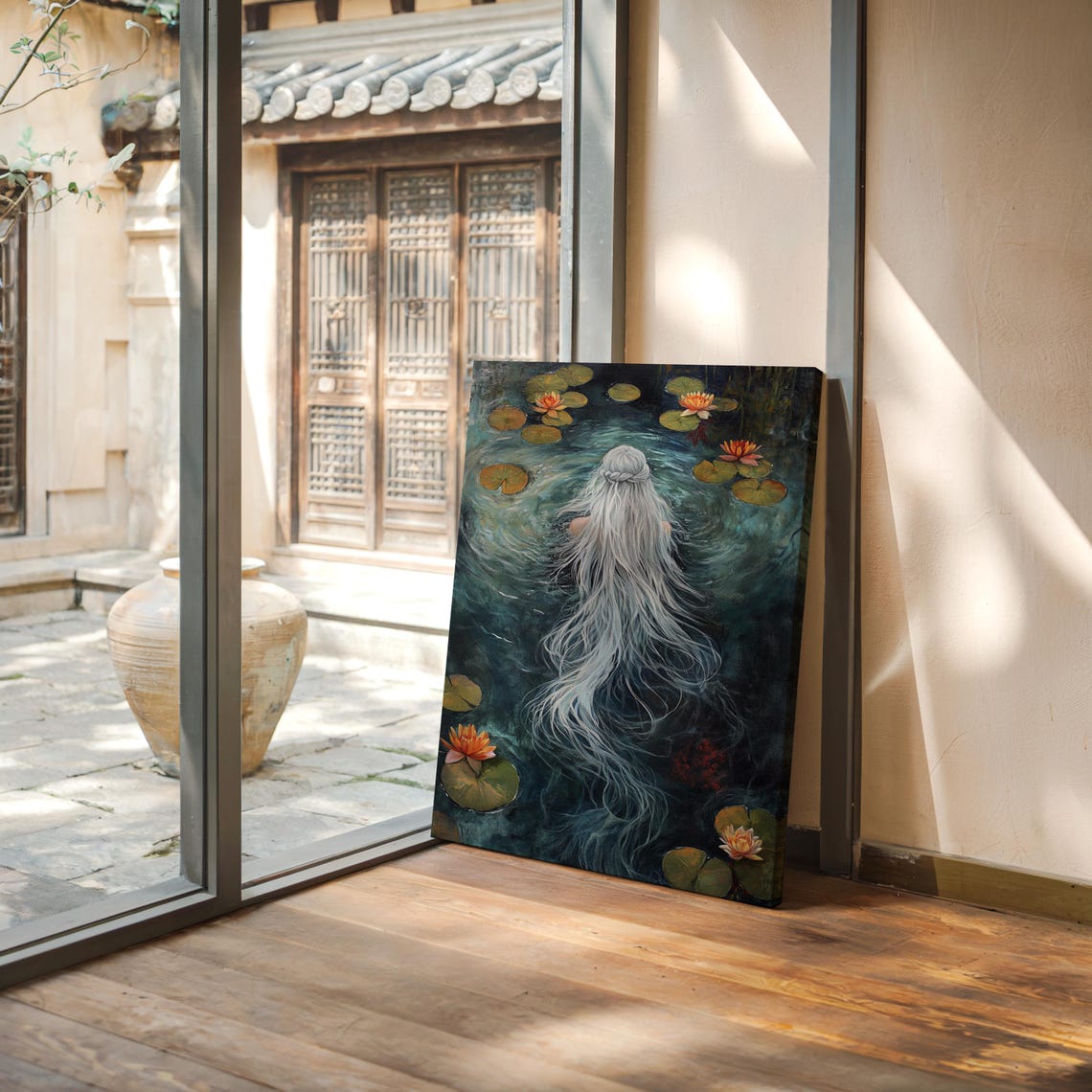 Mystical Water Goddess Flowing Silver Hair Lily Pond Wall Art Poster - Image 4