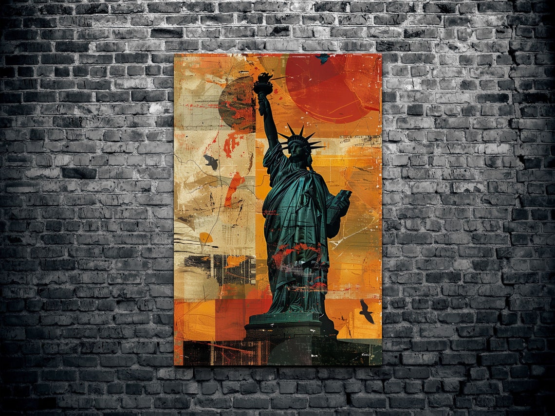 Statue of Liberty Abstract Collage with Giant Red Sun Wall Art - Image 2