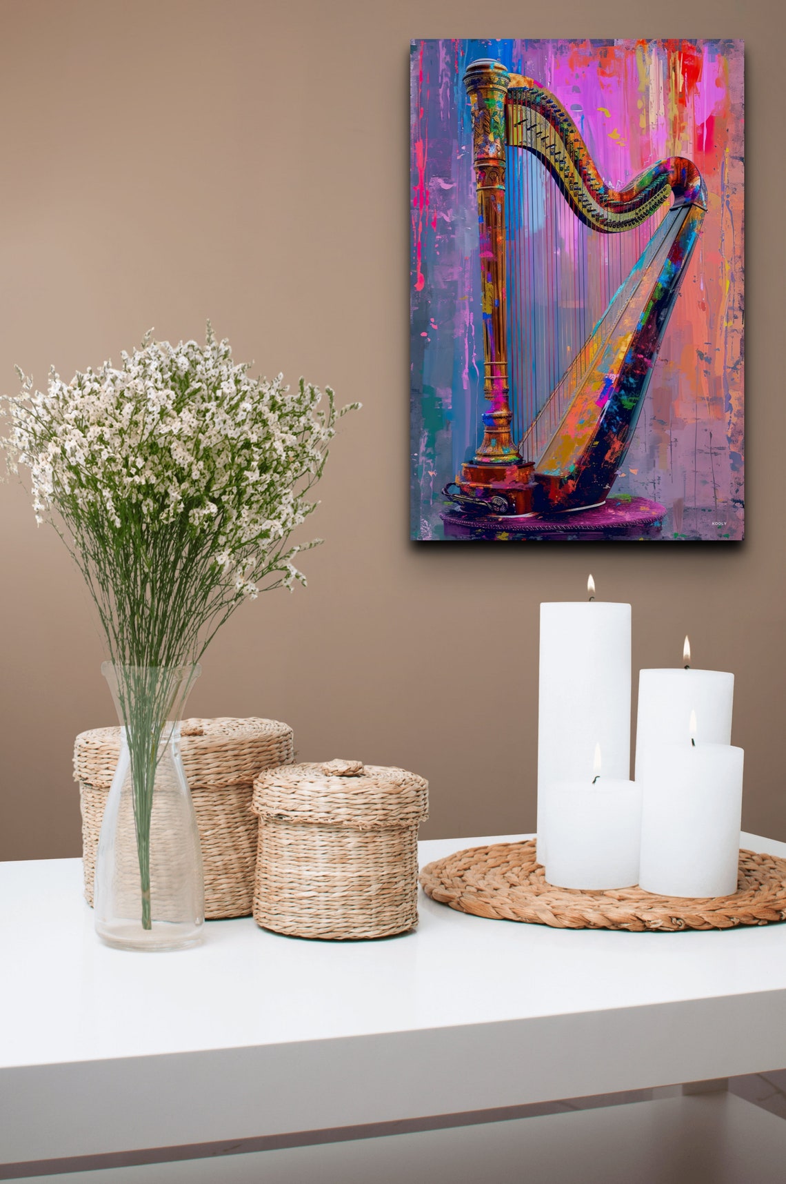 Pop Art Harp Golden Pink Modern Music Instrument Decor Wall Art - Image 7