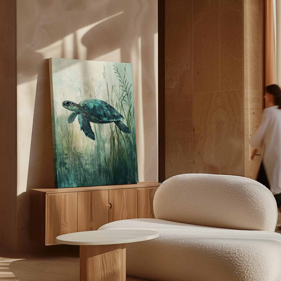 Sea Turtle Swimming Through Watercolor Seagrass Teal Ocean Art Poster - Image 7