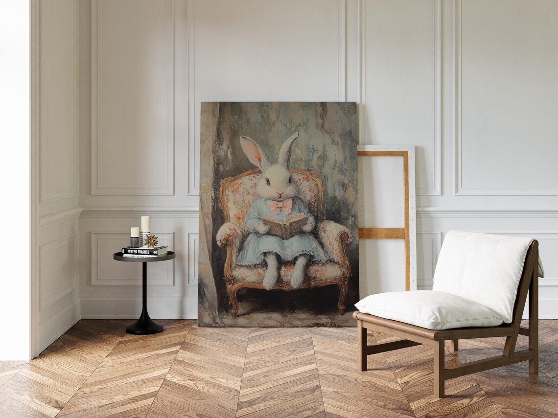 Charming Bunny Reading Book In Vintage Floral Armchair Poster - Image 6