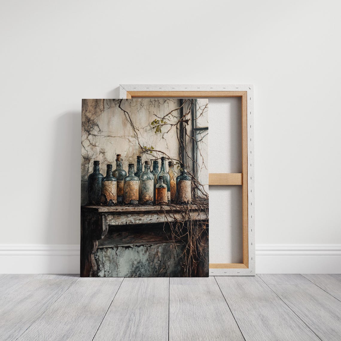 Row of Vintage Blue Glass Bottles on a Shelf with Vines Rustic Poster - Image 3