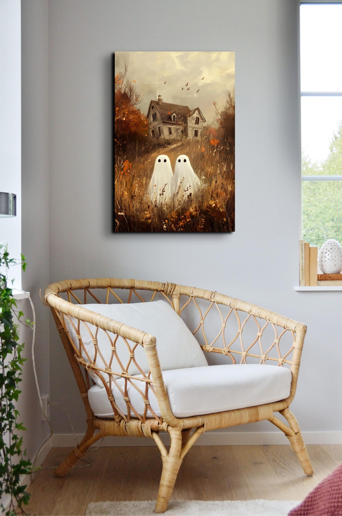 Two Ghost Friends Old House Golden Field Halloween Art Poster - Image 7