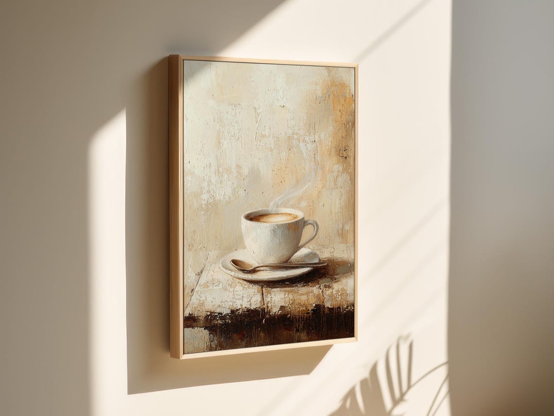 Steaming Coffee Cup Minimalist Beige Still Life Painting Wall Art - Image 7