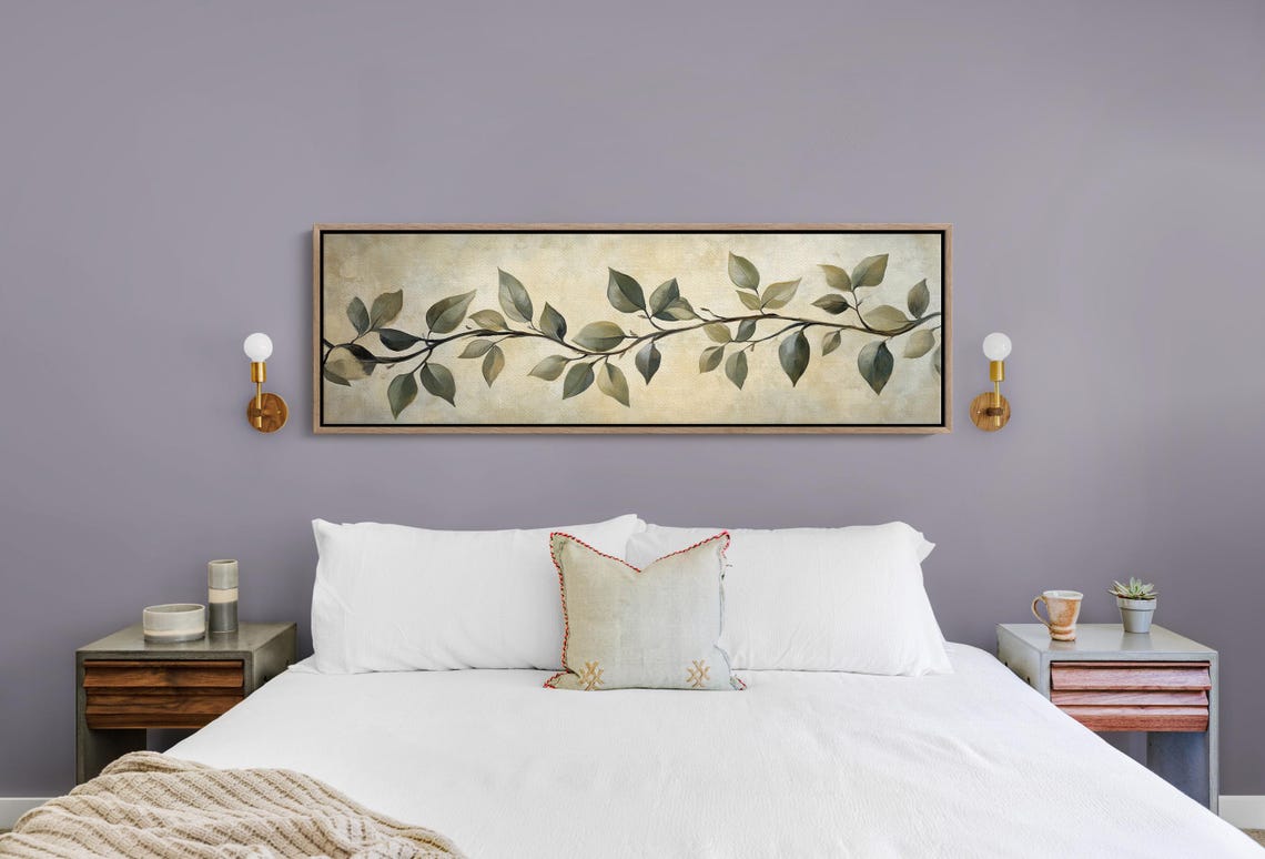 Elegant Leaf Branch On Cream Vintage Botanical Panoramic Wall Art - Image 3