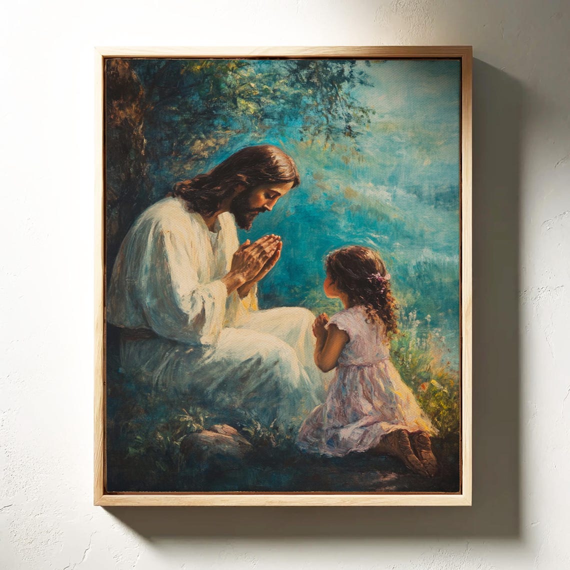 Jesus Kneeling in Prayer With a Little Girl in a Quiet Garden Poster - Image 3