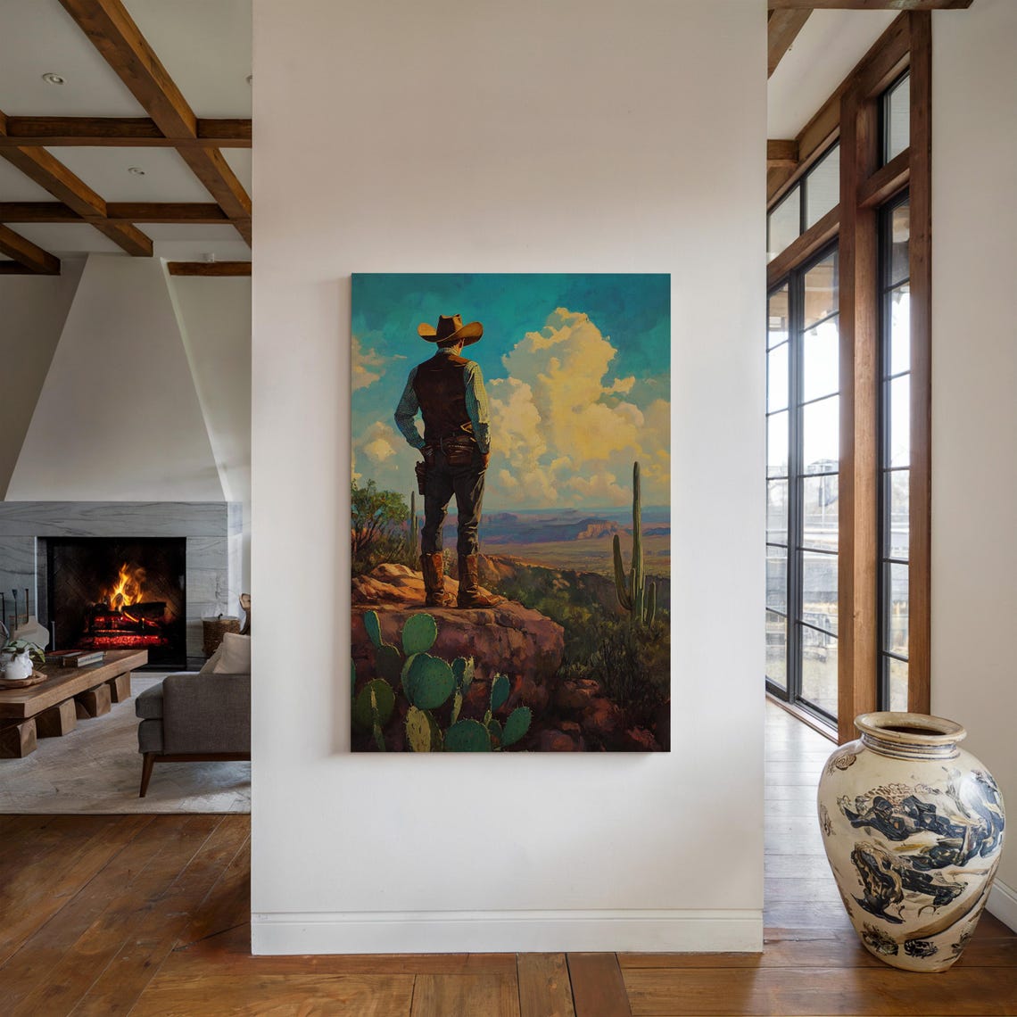 Cowboy Overlook At Sunset Southwestern Desert Wall Art - Image 2