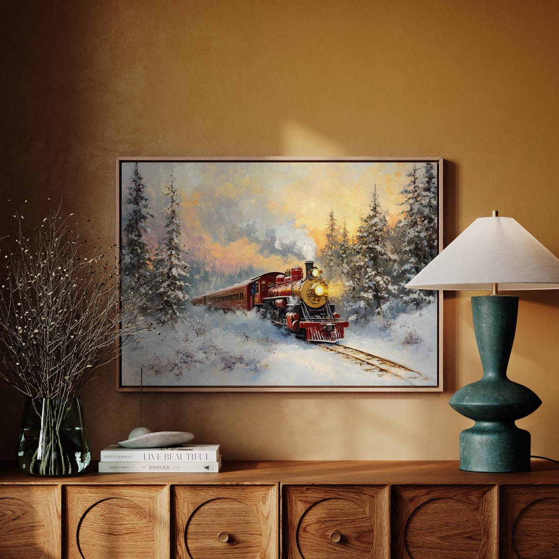 Vintage Red Steam Train Crossing Snowy Sunset Landscape Wall Art - Image 4