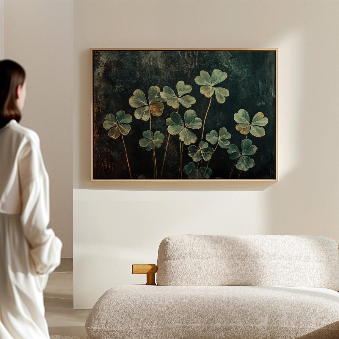 Golden Clover Leaves on Dark Moody Botanical Oil Painting Poster - Image 4