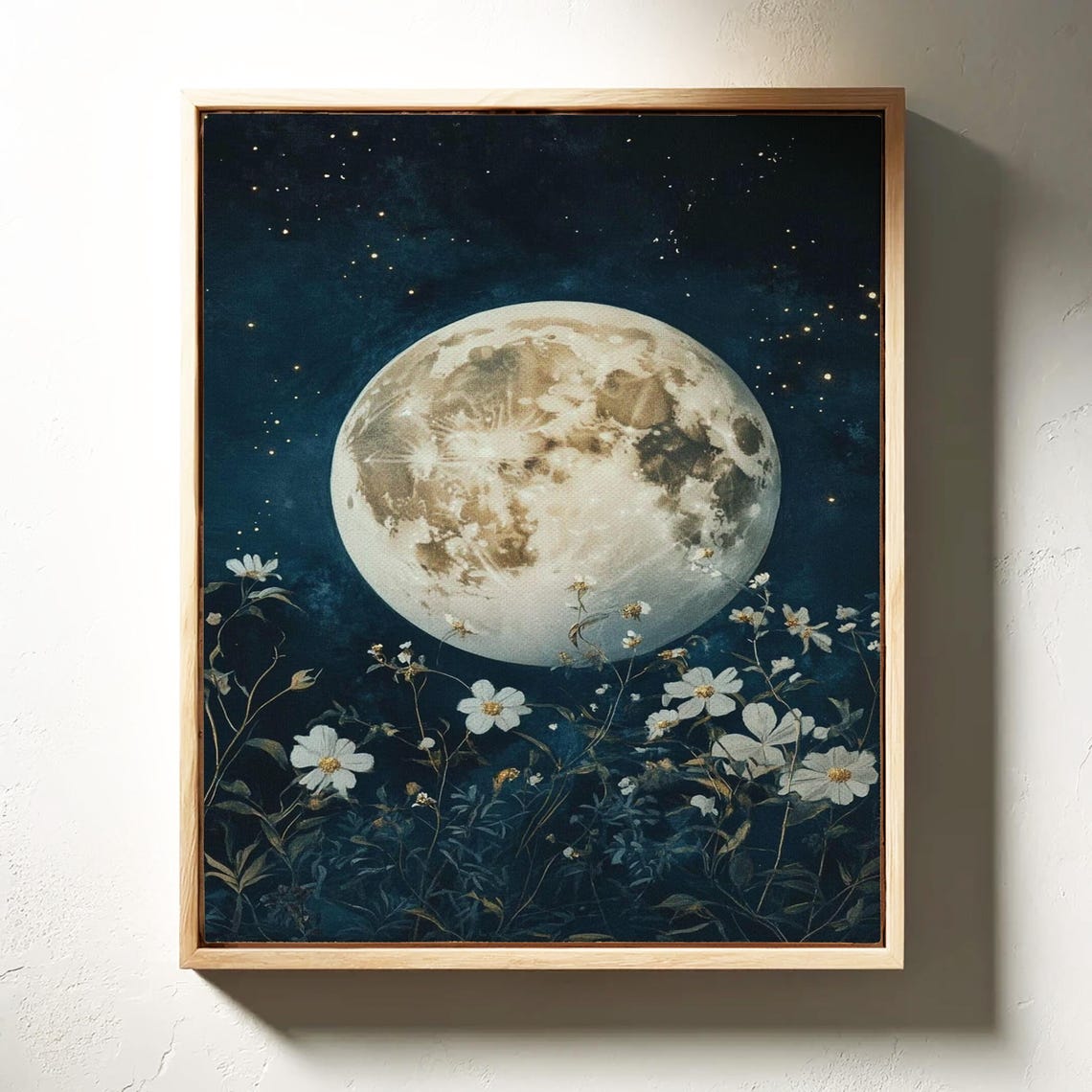 Full Moon Rising Over White Wildflowers Starry Night Art Poster - Image 7