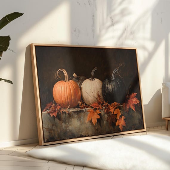 Elegant Fall Pumpkin Still Life Canvas Wall Art With Orange White Black Pumpkins And Autumn Leaves For Rustic Farmhouse Decor