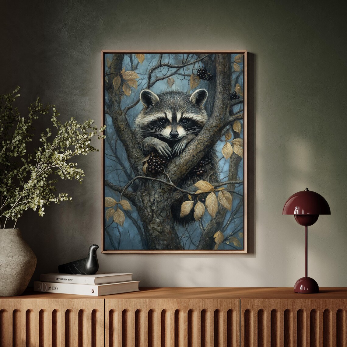 Raccoon Nestled in Autumn Tree With Dark Berries Wildlife Poster
