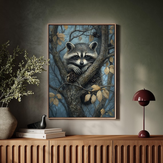 Raccoon Nestled in Autumn Tree With Dark Berries Wildlife Poster