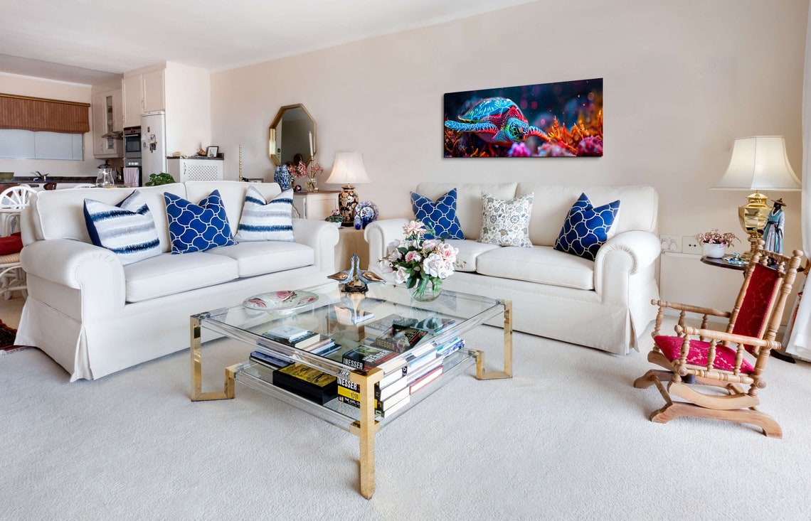 Sea Turtle Neon Glow Over Coral Panoramic Underwater Art Poster - Image 3